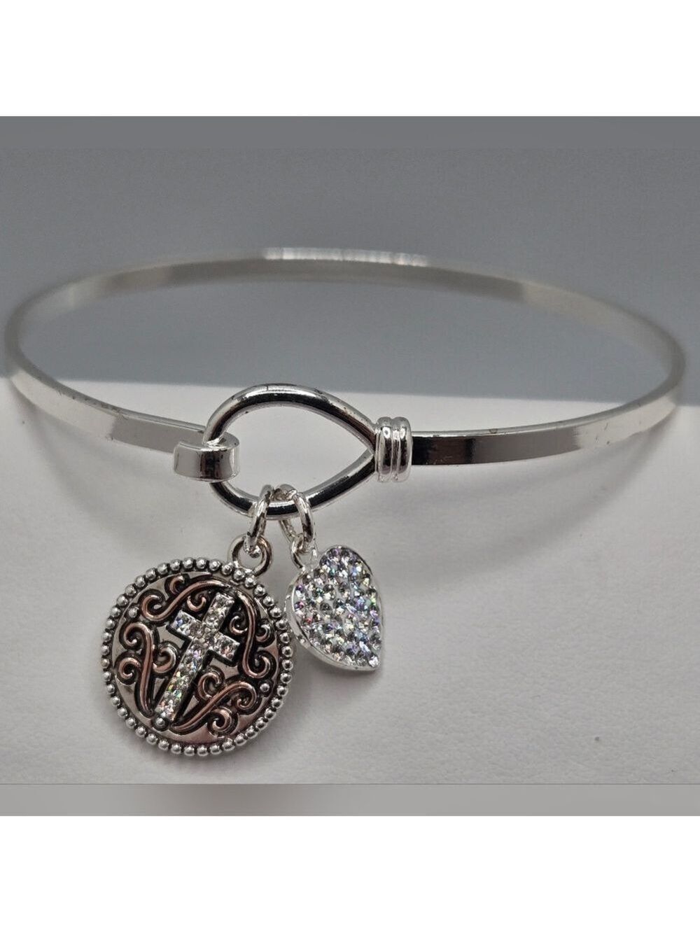 Brilliance Faith Charms Bangle Heart Cross Expandable Silver Plated LA CN